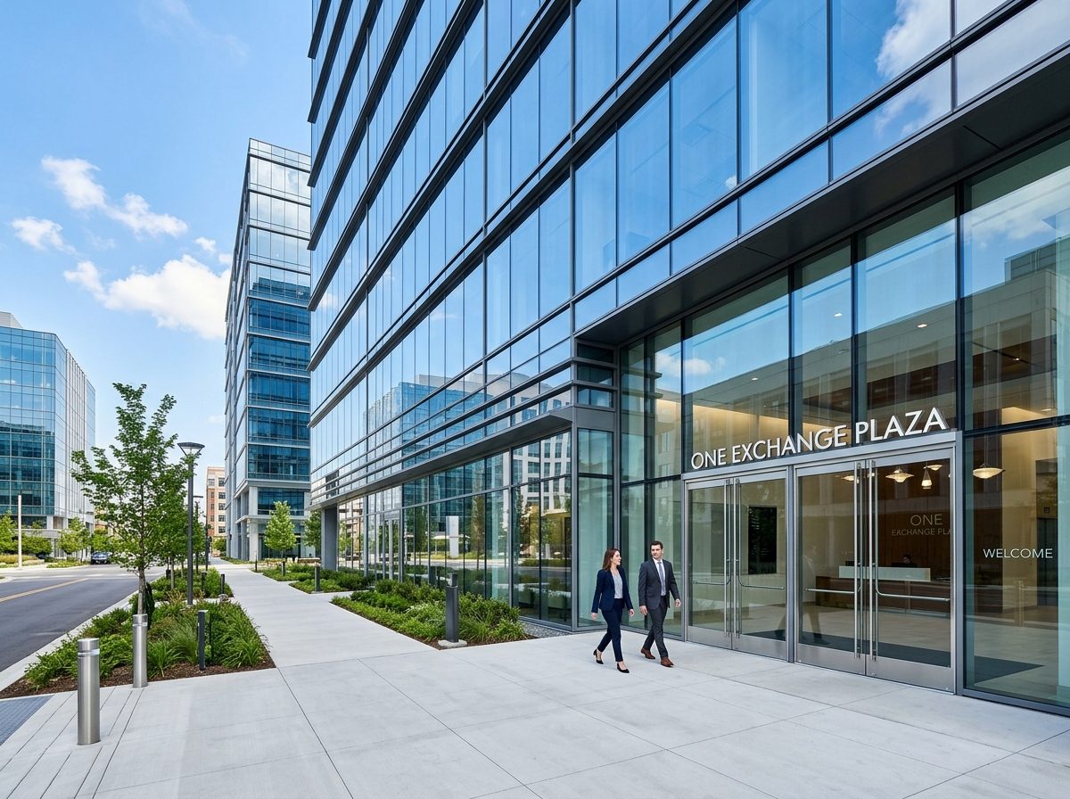 Modern commercial office building with clean glass windows and glass doors